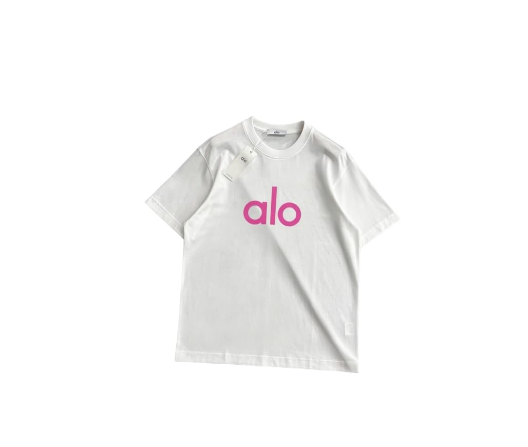 Amazon | [LIRHIQYGF] Alo ホワイト 半袖 Tシャツ ピンクロゴプリント